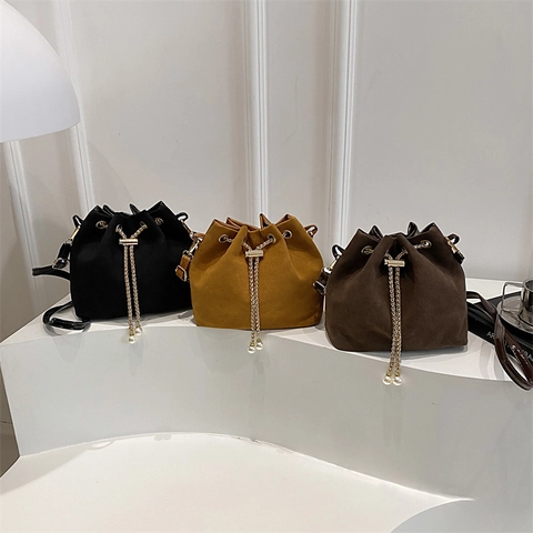 Frosted Faux Suede Bucket Bag With Gold Chain Drawstring And Artificial Pearl Decor Crossbody Shoulder Handbag For Women
