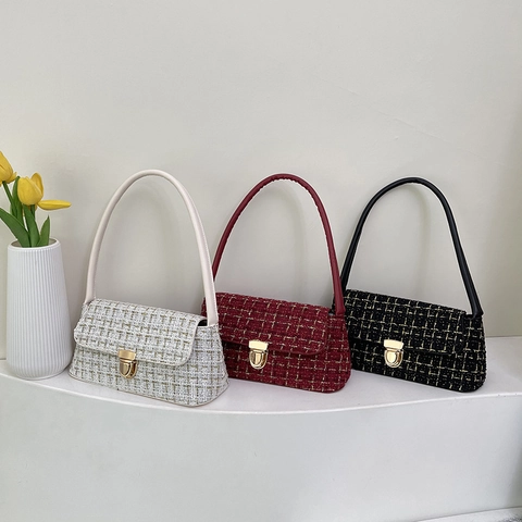 Borsa Sottobraccio in Tweed Vintage per Donna Rifiniture in Pelle PU Chiusura in Metallo Elegante Borsa a Bacchetta Stile Francese per Quotidianità Incontri Festa