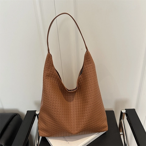 Sac Fourre-tout Femme Grande Capacité en Cuir PU à Texture Tissée Avec Pochette Assortie Sac à Bandoulière Hobo Quotidien