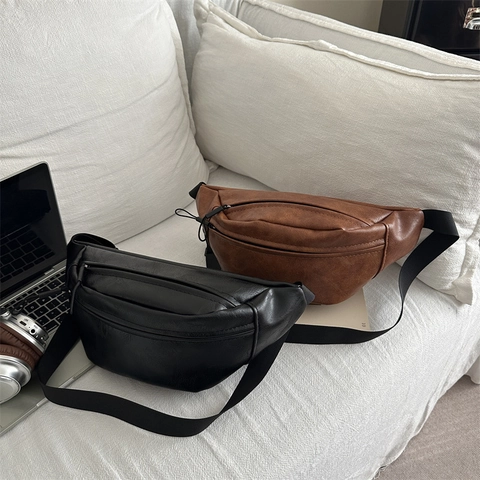 Women's Retro PU Leather Chest Bag Vintage Crossbody Bag Solid Color Litchi Texture Waist Bag For Daily Use Casual Pack