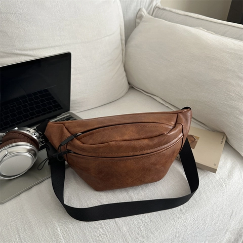 Women's Retro PU Leather Chest Bag Vintage Crossbody Bag Solid Color Litchi Texture Waist Bag For Daily Use Casual Pack