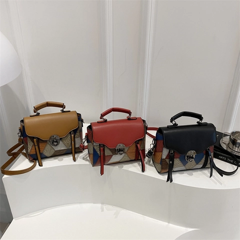 Vintage PU Leder Patchwork Schultertasche Für Damen Geometrische Kontrastfarbe Umhängetasche Kleine Quadratische Handtasche