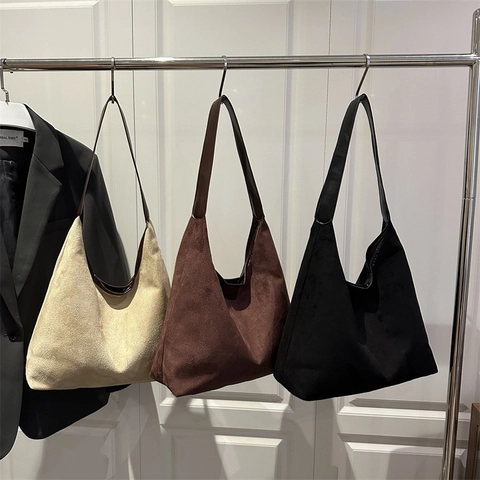 Women Retro Suede Tote Bag Large Capacity Vintage Hobo Shoulder Bag Urban Commuter Minimalist Style Solid Color