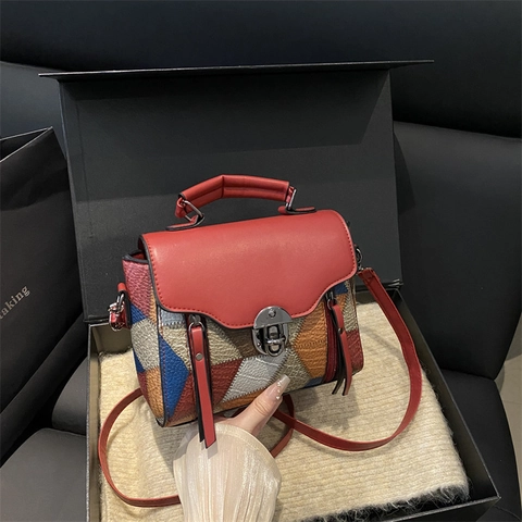 Bolso De Hombro Retro Para Mujer De Cuero PU Diseño Geométrico De Bloques De Color Pequeño Bolso De Mano Con Cierre