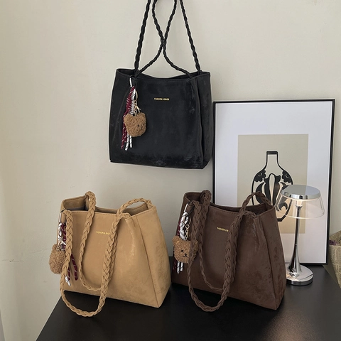 Grote Tote Bag PU Leer Mat Gevlochten Handvat Retro Vintage Schoudertas Voor Dames Met Berenhanger
