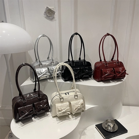 Women Shoulder Bag Patent Leather Underarm Handbag With Bow Double Pockets Retro Y2K Style High Gloss PU Material