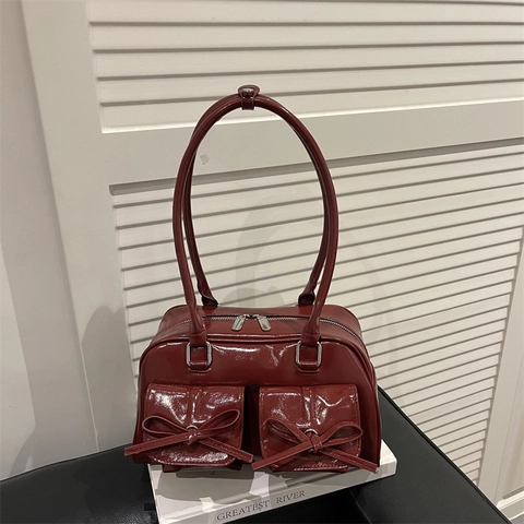 Women Shoulder Bag Patent Leather Underarm Handbag With Bow Double Pockets Retro Y2K Style High Gloss PU Material