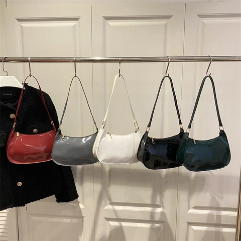Women's PU Patent Leather Underarm Bag Minimalist Solid Color Glossy Shoulder Bag Zipper Small Square Bag Fashion Handbag