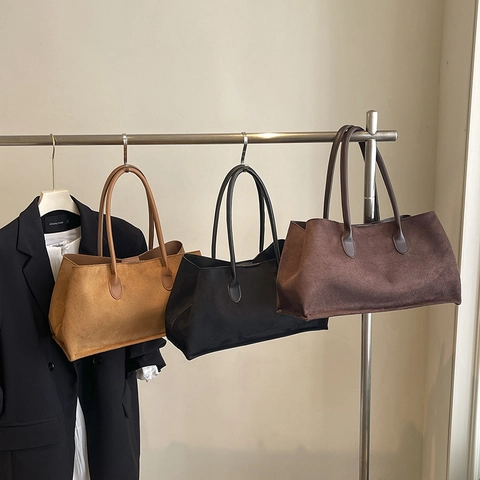 Large Capacity Tote Bag Women Suede Texture Shoulder Bag Minimalist Retro Commute Handbag Solid Color Aesthetic
