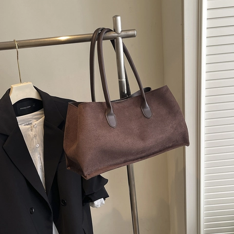 Large Capacity Tote Bag Women Suede Texture Shoulder Bag Minimalist Retro Commute Handbag Solid Color Aesthetic