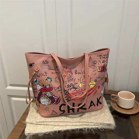 Graffiti Print PU Lederen Tote Tas Voor Dames Grote Capaciteit Retro Casual Urban Stijl Kleurrijke Patronen