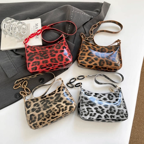 Dames Baguette-Tas Met Luipaardprint Glanzend PU-Leer Resin Ketting Schoudertas Mode