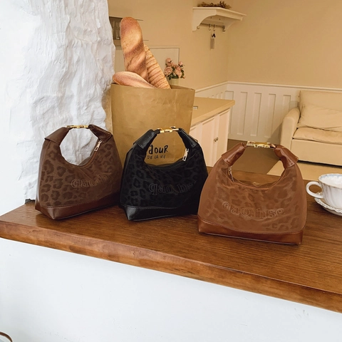 Sac Hobo Imprimé Léopard PU Suède Sac À Main Bandoulière Poignée Métal Doré Rétro Tendance Rue Mode Femmes Sac Porté Épaule