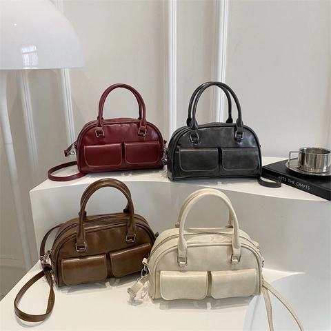 Borsa Bowling in Pelle PU Retrò per Donna Borsa a Mano Boston alla Moda Con Tasche Anteriori Tracolla Regolabile Borsa