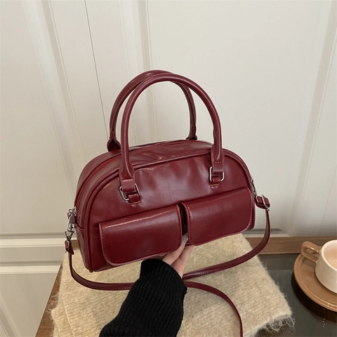Borsa Boston Donna Pelle PU Retro Borsa A Tracolla Con Doppie Tasche Anteriori Cinghia Regolabile Pendolare
