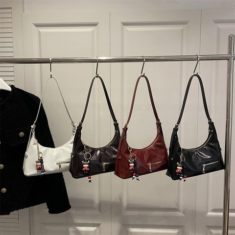 Women PU Leather Hobo Bag Minimalist Half Moon Shoulder Bag With Cartoon Charm Niche Design Solid Color Underarm Bag