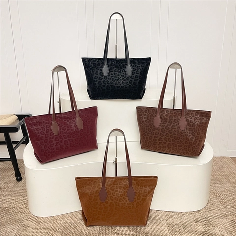 Grote Capaciteit Panterprint Tote Bag Dames PU Leer Suède Textuur Oksel Schoudertas Retro Urban Minimalistische Handtas