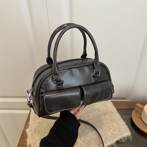 Borsa Bowling in Pelle PU Retrò per Donna Borsa a Mano Boston alla Moda Con Tasche Anteriori Tracolla Regolabile Borsa