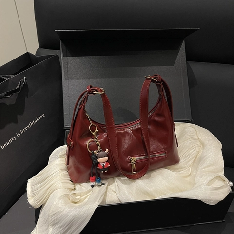Women Glossy PU Leather Hobo Shoulder Bag Vintage Underarm Bag With Cartoon Cow Charm And Decorative Zipper Pocket