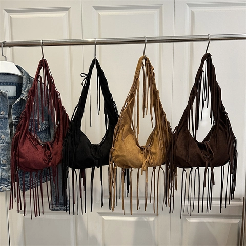 Bolso de Hombro Vintage de Gamuza Sintética Con Borlas Bolso Hobo Bohemio Color Sólido Gran Capacidad Tote para Mujer