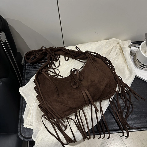 Bohemian Fringe Shoulder Bag Suede Tassel Large Capacity Vintage Hobo Handbag For Women Casual Commute