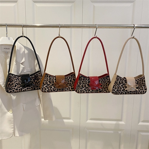 Leopard Muster Baguette Tasche PU Leder Stoff Schultertasche Retro Y2K Mode Schleife Magnetverschluss Tasche Damen