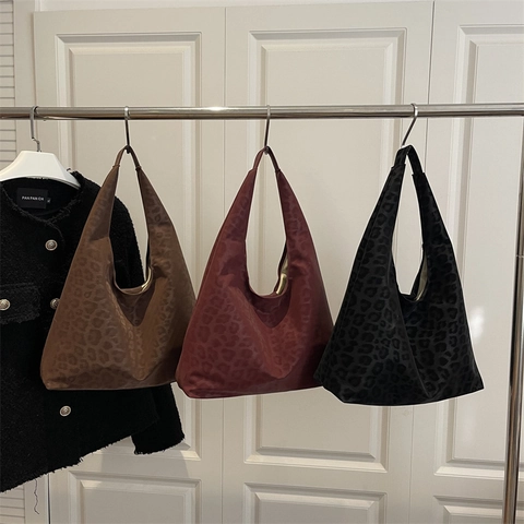 Bolso Hobo Con Estampado De Leopardo Para Mujer Gran Capacidad Tejido Efecto Ante Retro Chic