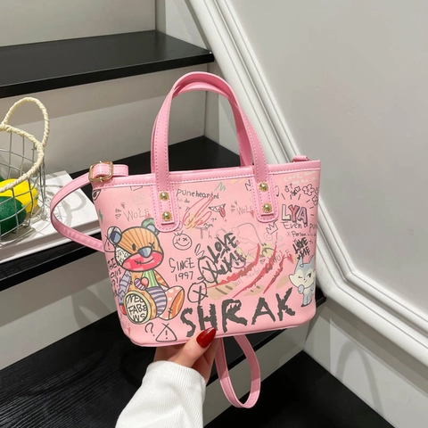 Women Graffiti Tote Bag PU Leather Large Capacity Shoulder Crossbody Handbag Street Fashion Urban Casual