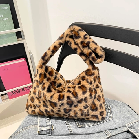 Leopard Print Plüsch Schultertasche Kunstpelz Retro Achselhandtasche Große Kapazität Winter Mode Für Damen
