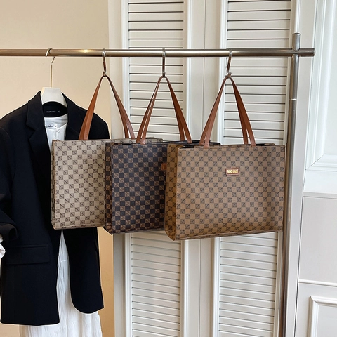 Borsa Tote In Pelle PU Grande Capacità Retro Stampa Geometrica A Scacchi Donna Borsa A Tracolla Borsa A Mano