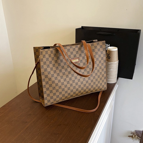 Borsa Tote In Pelle PU Grande Capacità Retro Stampa Geometrica A Scacchi Donna Borsa A Tracolla Borsa A Mano