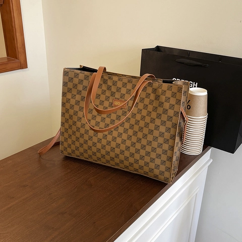 Borsa Tote Donna Vintage a Quadri Geometrici di Grande Capacità Borsa a Tracolla in Pelle PU con Tracolla Regolabile Borsa alla Moda