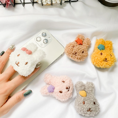 Süßer Plüsch Hase Handy Grip Halter Teleskopisch Zusammenklappbar Telefon Halterung Klebend Teddy Fleece Weiches Kaninchen