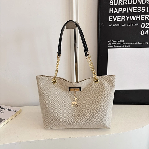 Retro Commuting Large Capacity Tote Bag Women Woven Fabric PU Leather Shoulder Bag With Metal Chain And Deer Charm