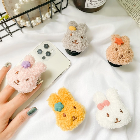 Süßer Plüsch Hase Handy Grip Halter Teleskopisch Zusammenklappbar Telefon Halterung Klebend Teddy Fleece Weiches Kaninchen