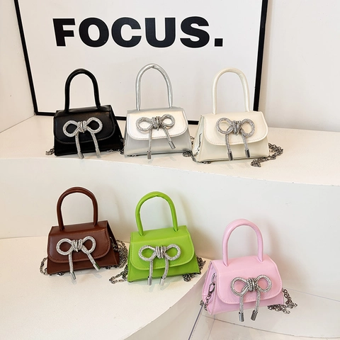 Rhinestone Bow Mini Handbag PU Leather Elegant Crossbody Bag With Silver Metal Chain Strap Sweet Style For Women