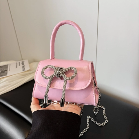 Rhinestone Bow Mini Handbag PU Leather Elegant Crossbody Bag With Silver Metal Chain Strap Sweet Style For Women