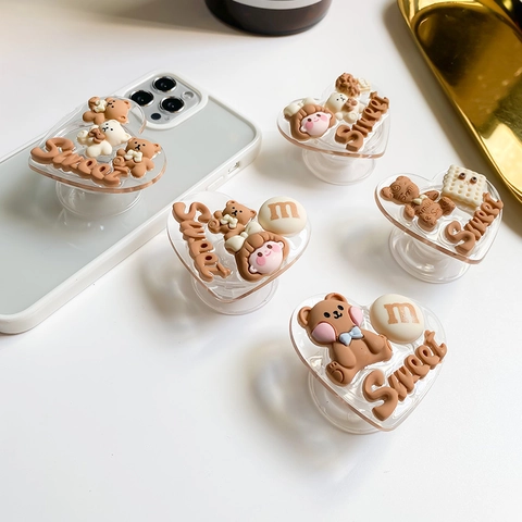 Herz Handy Griptok Halter Transparent 3D Harz Cartoon Bär Sweet Erweiterbar Klebe Sockel Für Smartphone