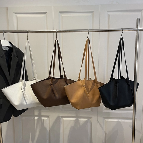 Bolso De Mano Tote De Cuero PU Textura Litchi Con Bolsa Minimalista Forma De Ala Decoración Anudada Gran Capacidad