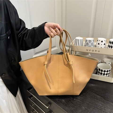 Grote Dames Tote Tas Van PU-Leer Met Litchi-Patroon Geknoopte Handvatten Vleugelvorm Schoudertas Met Binnentas Casual