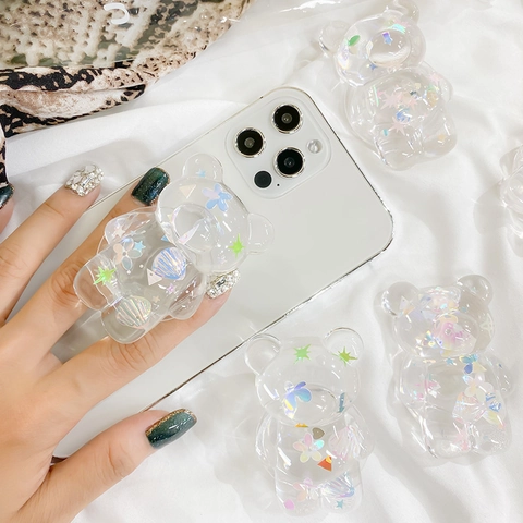 Cute Bear Transparent Phone Griptok Holder With Holographic Laser Glitter Star Shell Pattern For Smartphones Kawaii Accessory
