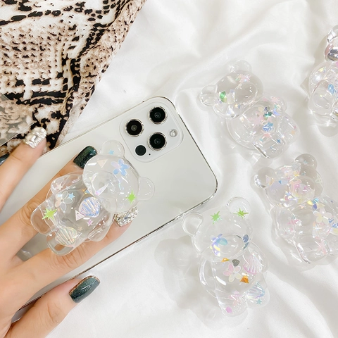 Cute Bear Transparent Phone Griptok Holder With Holographic Laser Glitter Star Shell Pattern For Smartphones Kawaii Accessory