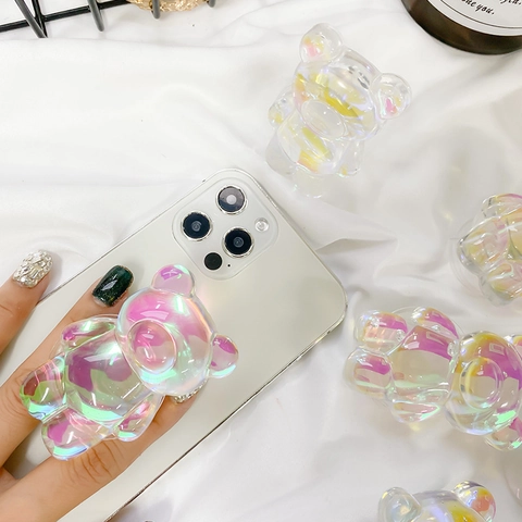 3D Iridescent Bär Handy Sockel Faltbarer Ständer Laser Aurora Harz Süß Cartoon Universal Griff Für Handys