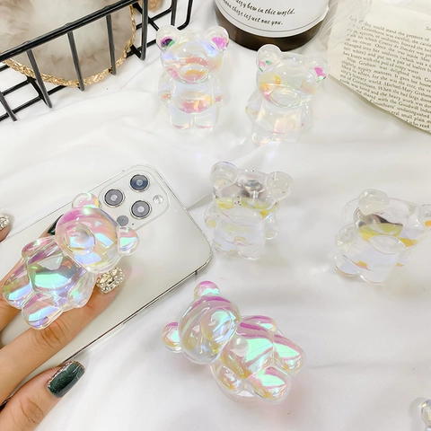 3D Iridescent Bär Handy Sockel Faltbarer Ständer Laser Aurora Harz Süß Cartoon Universal Griff Für Handys