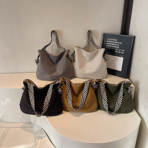 Fashion Corduroy Tote Bag For Women Large Capacity Shoulder Bag Striped Strap Hobo Bag Daily Travel Commute Shopping Bag