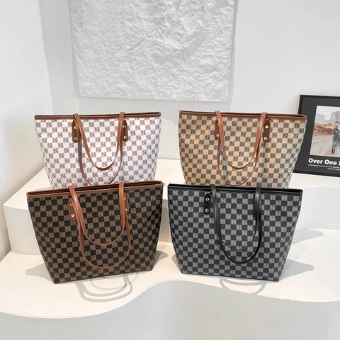 Τσάντα Tote Μεγάλης Χωρητικότητας Για Γυναίκες PU Δέρμα Σχέδιο Σκακιέρα Μονόγραμμα Casual Τσάντα Ώμου Retro Μετακίνηση