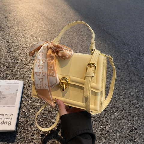 Borsa A Tracolla Chic Da Donna In Pelle PU Chiusura Dorata Decoro Foulard Di Raso Borsa A Mano Stile Urbano Casual