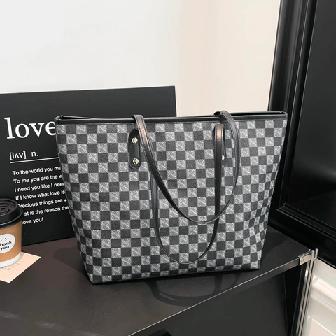 Τσάντα Tote Μεγάλης Χωρητικότητας Για Γυναίκες PU Δέρμα Σχέδιο Σκακιέρα Μονόγραμμα Casual Τσάντα Ώμου Retro Μετακίνηση