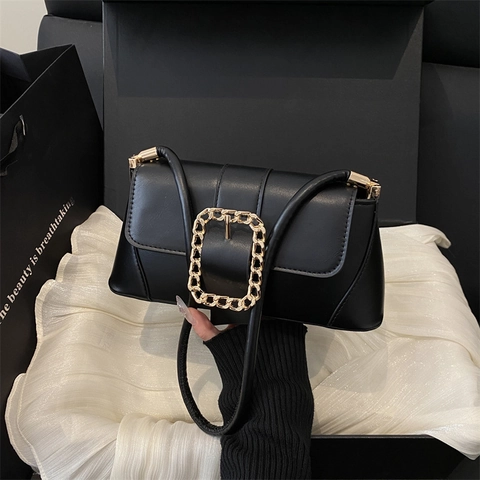 Damen Baguette Unterachsel Umhängetasche PU Leder Goldkette Schnalle Retro Minimalistisch Pendler Mode
