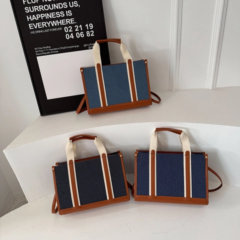 Borsa Tote in Denim e Tela alla Moda per Donna Grande Capacità Pendolare Urbana Tracolla con Finiture in Pelle PU Borsa a Mano Retro